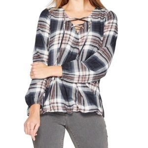 Knox Rose | Plaid Wrap Top with Lace Up Neck- Size M